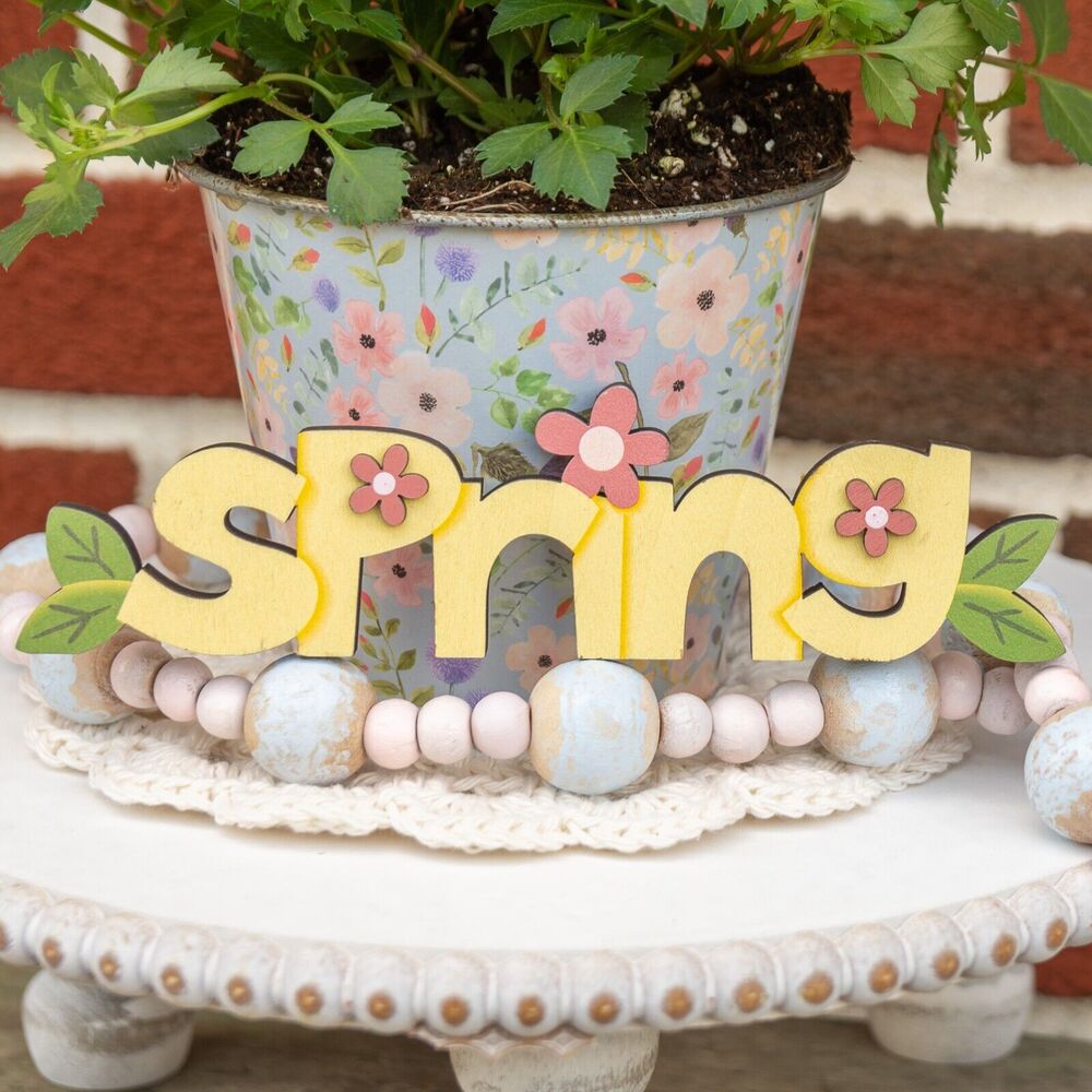 Wooden Cutout SPRING Decoration Pink Flowers Farmhouse Table Springtime Decor